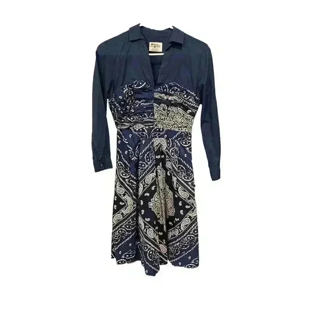 - Holding Horses Navy Ruched, Flared Bandana Dress, Size 2, Pre-Owned